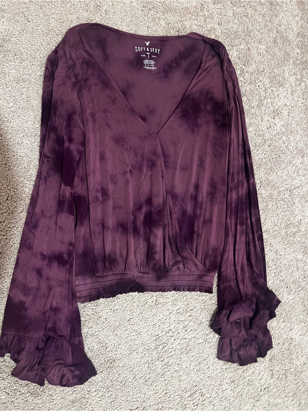 American Eagle Outfitters Deep Plum V-Neck Long Sleeve Ruffle Cuff Top